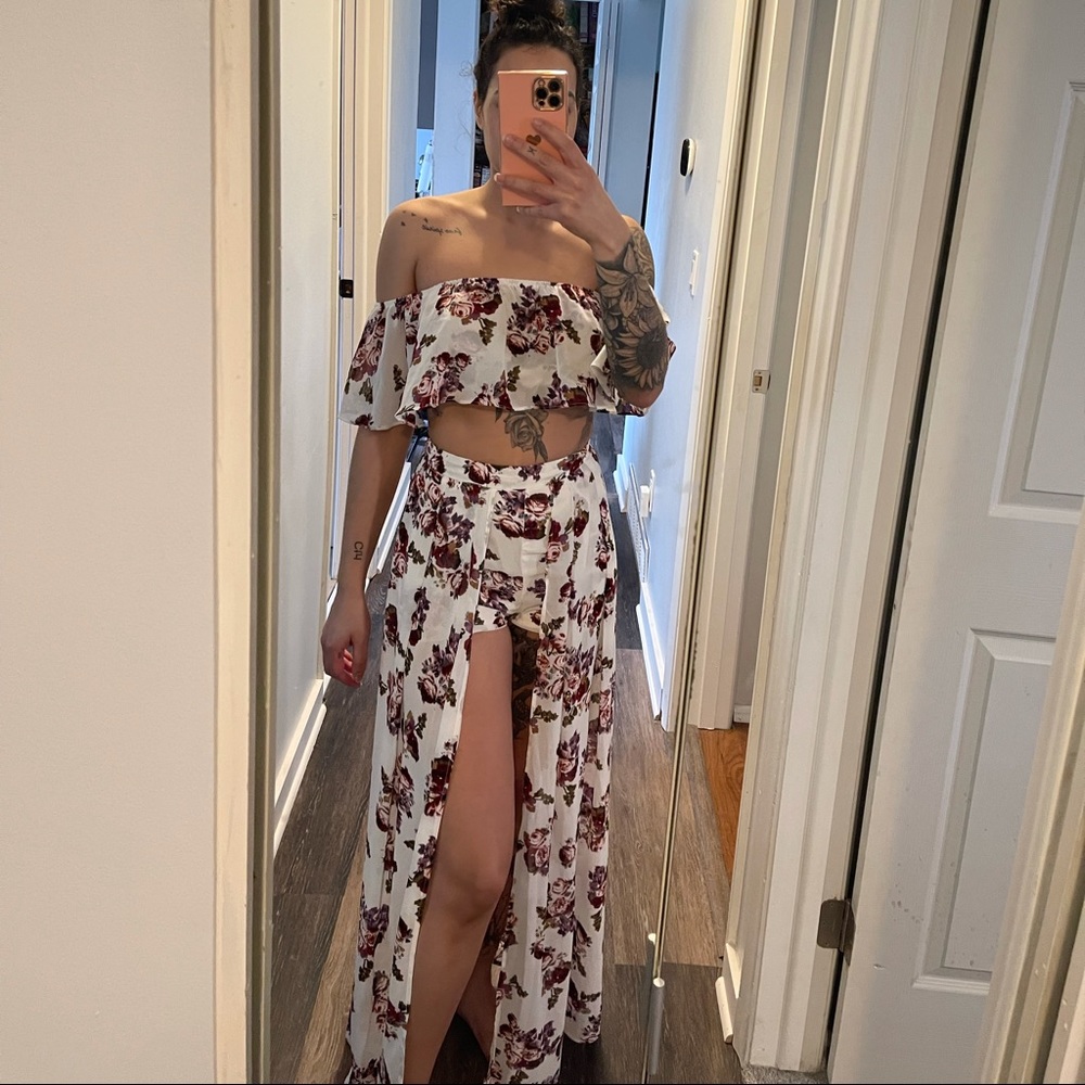 2 piece skort set/off the shoulder crop top & skirt